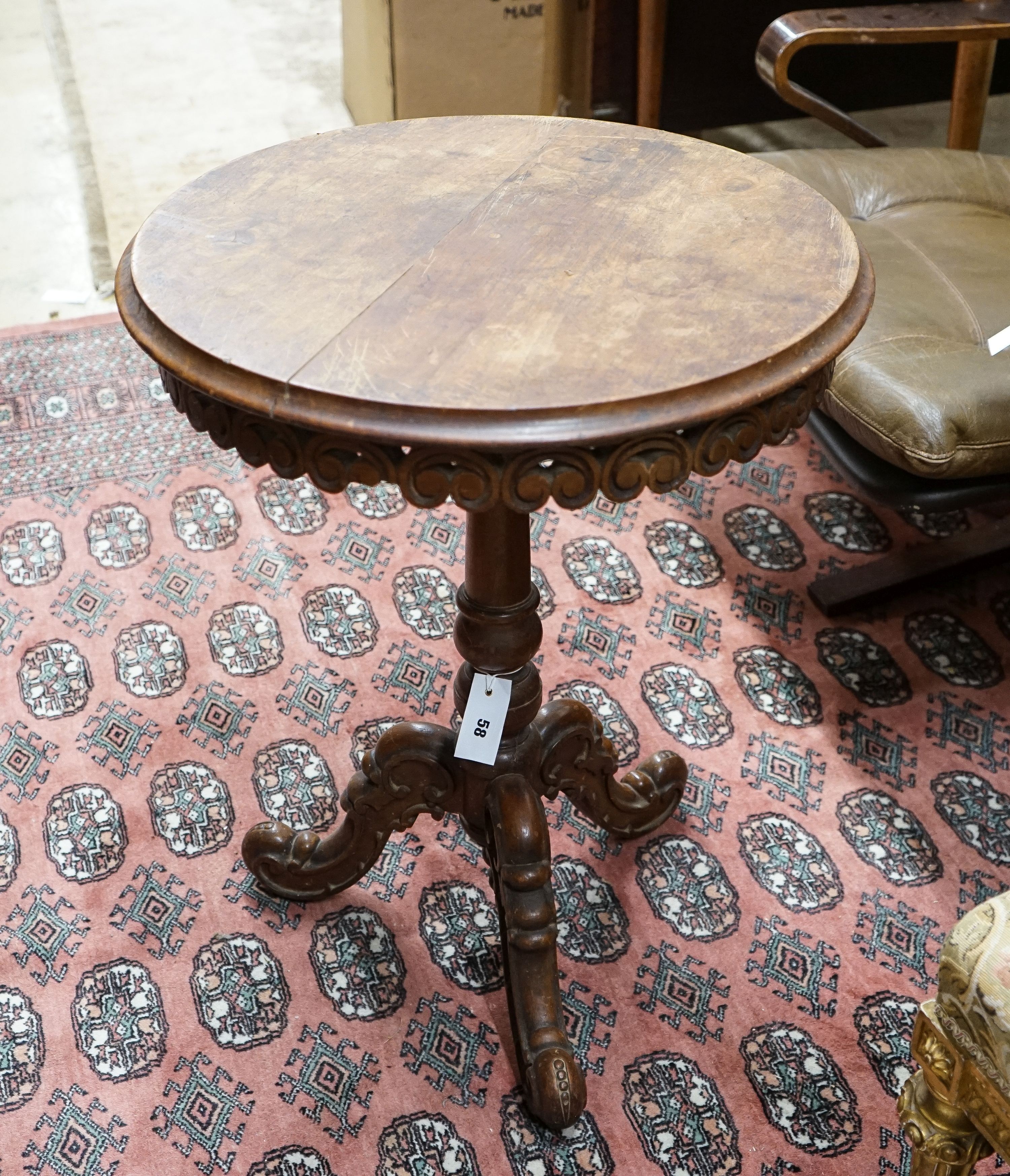 A late 19th Anglo Indian hardwood circular tripod wine table, diameter 53cm, height 69cm